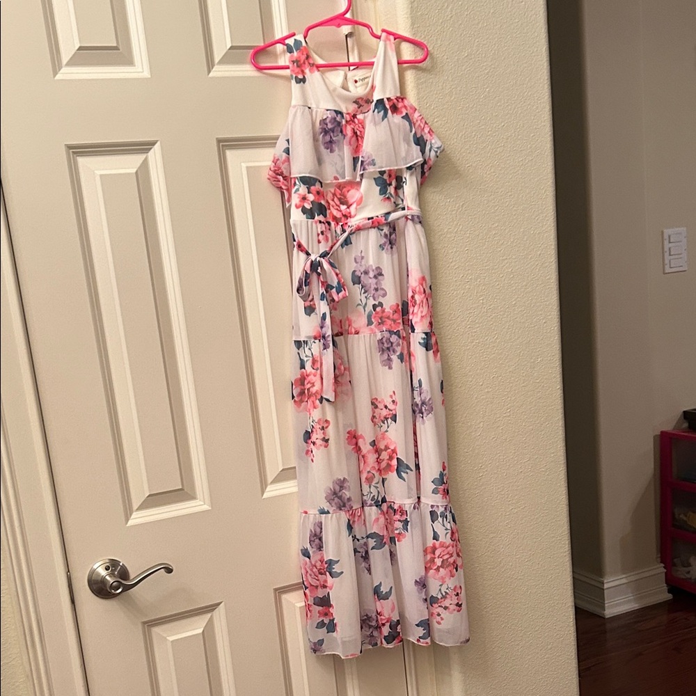 Girls Poppies and Roses Cold Shoulder Ruffle Maxi Dress
